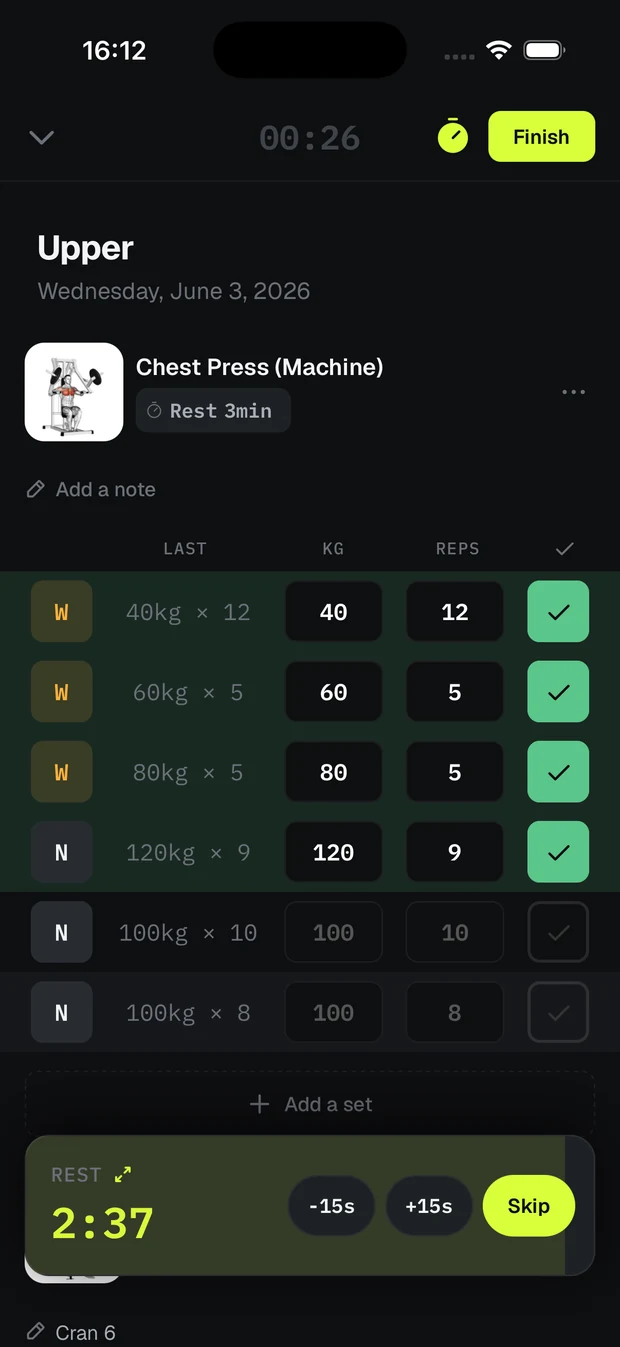 Musku screenshot: Log your sets without breaking rhythm